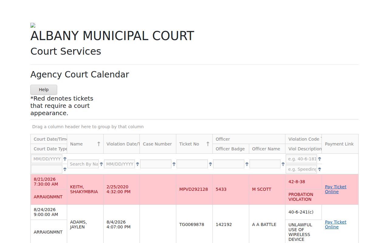 Albany court docket Courtware municipal calendar